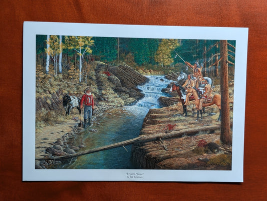 Western art open edition print by Ted Sorensen depicting cowboys and a scout near a forest creek
