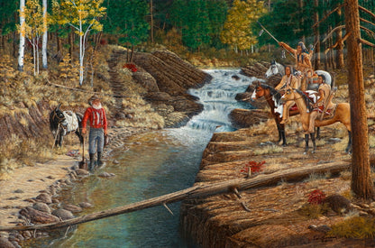 Western art open edition print by Ted Sorensen depicting cowboys by a river in a forest landscape