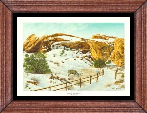 Western art winter landscape open print featuring snowy scene with deer and natural rock arch in wooden frame