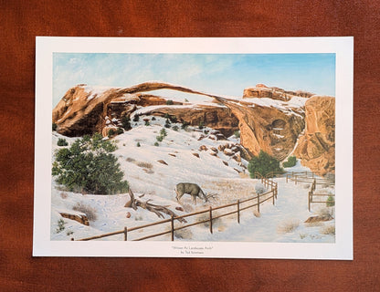 Western art winter landscape open print featuring snowy terrain with deer and rock formations