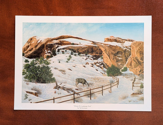 Western art winter landscape open print featuring snowy terrain with deer and rock formations