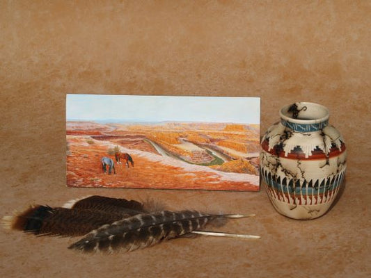 Ted Sorensen western mini art panel depicting desert landscape with horses Next to Native American pottery and feathers