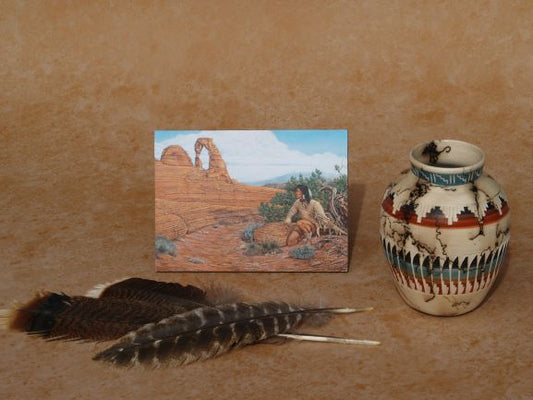 Western wildlife art mini panel by Ted Sorensen depicting Native American scene with desert landscape and arch