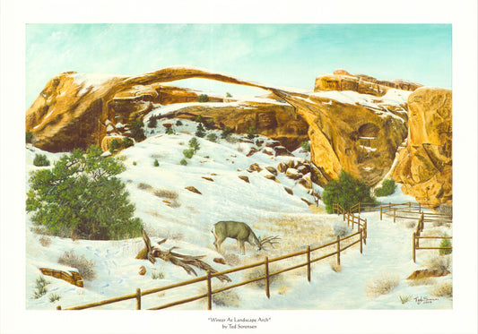 Landscape arch limited-edition canvas print by Ted Sorensen featuring snowy western scenery with deer and natural rock formation