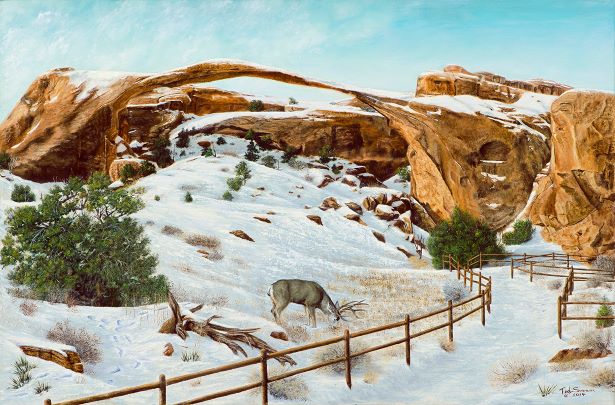 Winter at Landscape Arch oil on canvas original painting by Ted Sorensen depicting snowy landscape with deer and rock arch