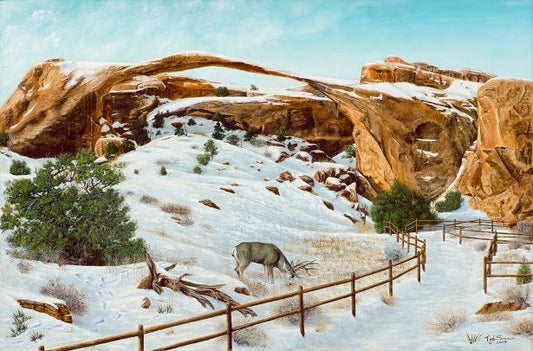 Winter at Landscape Arch oil on canvas original painting by Ted Sorensen depicting snowy landscape with deer and rock arch